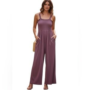 ANTHRO Saturday Sunday Smocked Jumpsuit Size Small Wide Leg Pant Suit Purple C22